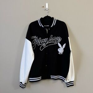 Playboy Unisex button front varsity bomber black/white jacket